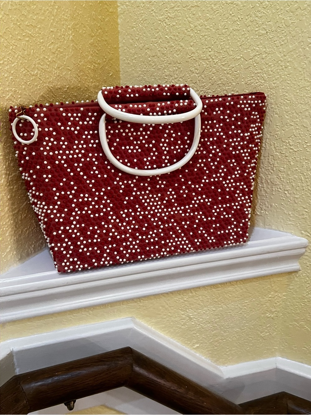 Vintage Lumured Red White Beaded Handbag Lucite Handle 1950s MCM